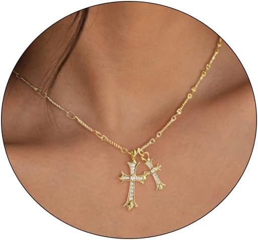 Warshion Cross Necklace 14K Gold\/Silver Plated Double Cross Pendant Necklace Dainty Diamond Cross Charm Link Chain Choker Delicate Faith Jewelry Religious Gifts for Women