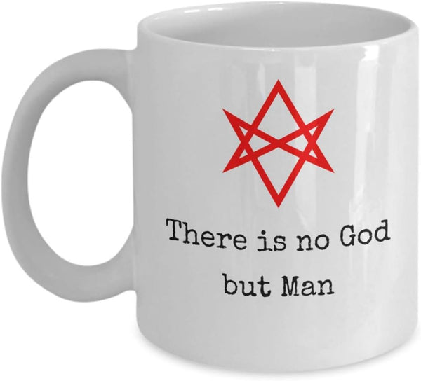 Thelema esoteric coffee mug gift - There is no God but Man - unique occult 11oz ceramic tea cup - Aleister Crowley Liber OZ quote Ordo Templi Orientis motto Magick 93 symbol