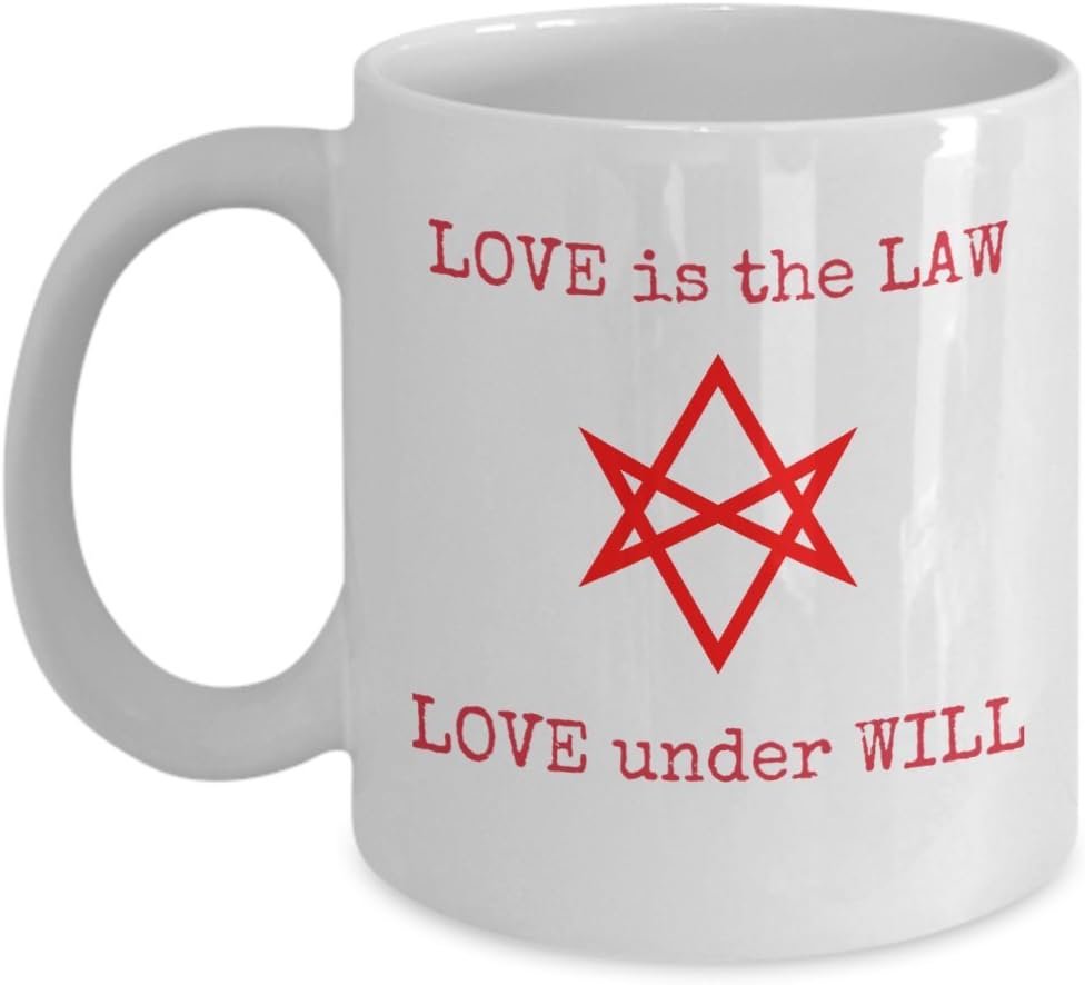 Thelema coffee mug - Love is the Law Love under Will - Liber al vel Legis unicursal hexagram quote - unique occult esoteric 11oz ceramic tea cup gift Aleister Crowley - Sold only by Saroth design