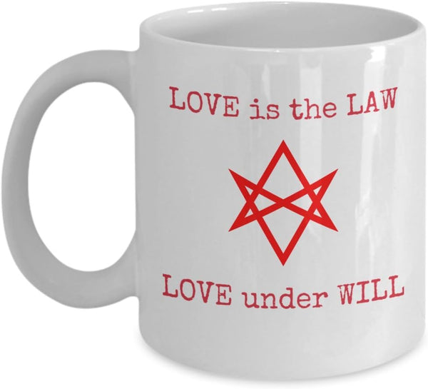 Thelema coffee mug - Love is the Law Love under Will - Liber al vel Legis unicursal hexagram quote - unique occult esoteric 11oz ceramic tea cup gift Aleister Crowley - Sold only by Saroth design