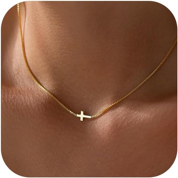 Rotnso Cross Necklace for Women 14K Gold Silver Plated Dainty Small Cross Pendant Choker Simple Trendy Cute Cross Charm Chain Necklace Easter Basket Stuffers Baptism Religious Faith Jewelry Gift