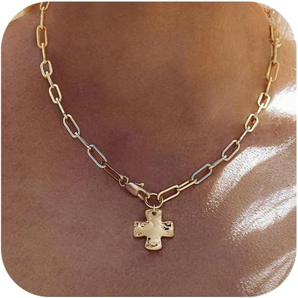 Bheop Chunky Cross Necklace for Women Trendy 14K Gold Silver Layered Statement Cross Pendant Charm Necklace Vintage Paperclip Herringbone Snake Choker Chain Costume Jewelry Set Gift Non Tarnish