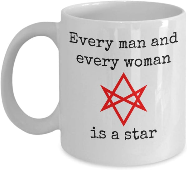 Thelema coffee mug gift - Every man and every woman is a star - Liber AL vel Legis unique esoteric 11oz ceramic tea cup - Aleister Crowley Ordo Templi Orientis Unicursal Hexagram symbol