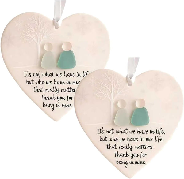 2PCS Heart-Shaped Sea Glass Friendship Decor, Christmas Tree Hanging Ornaments, Friendship Heart Ornament Keepsake, Sea Glass Art for Best Friends