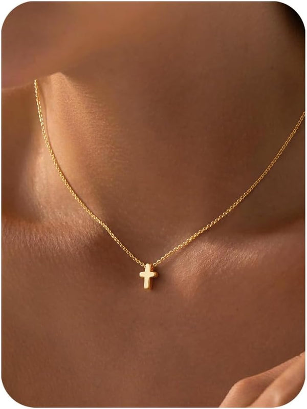 M MOOHAM Cross Necklace for Women - Dainty Cute Bubble 3D Cross Pendant Necklace Sideways Cross Choker Layered 14K Real Gold Plated Cross Necklace Gifts for Women Girls