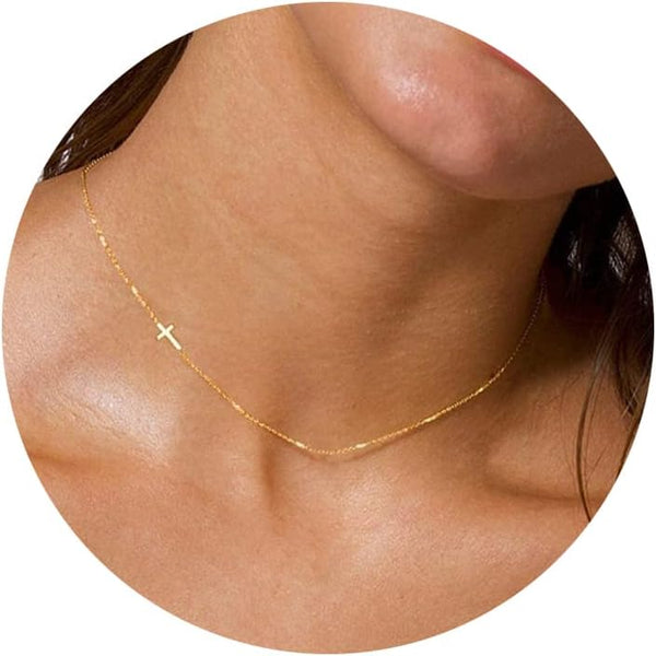 Awvialy Cross Necklace for Women, Small 14K Gold Plated Cross Pendant Necklace Dainty Gold Cross Necklace Cute Cross Choker Necklace Simple Gold Charm Necklace for Women Trendy Jewelry Gifts