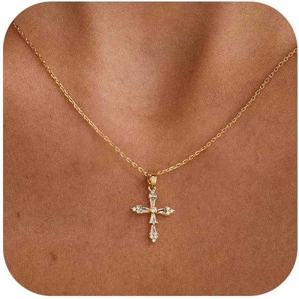 VIROMY Gold Cross Necklace for Women Dainty Diamond Cross Pendant Necklaces Non Tarnish Waterproof Necklace Simple Choker Minimalist Jewelry