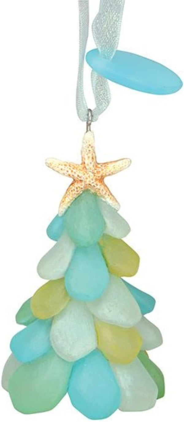 Resin Sea Glass Christmas Tree with Starfish Topper Ornament, Nautical Theme, Holiday Décor, 4 Inches Tall