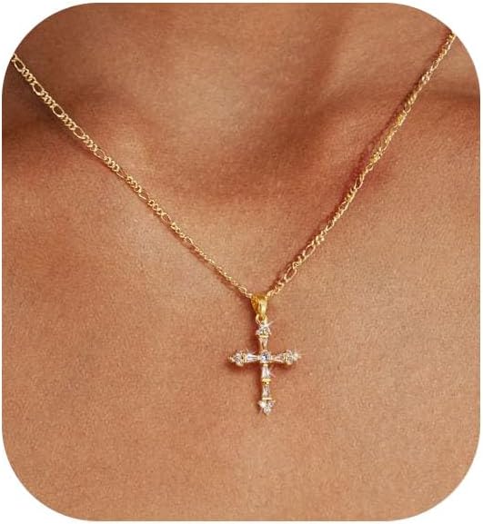 Cross Necklace for Women,Double Cross Necklace 14K Gold Plated Cross Pendant Necklace Dainty Gold Cross Necklaces for Women Trendy Small Cross Charm Necklace Simple Cute Choker Necklaces Gold Jewery