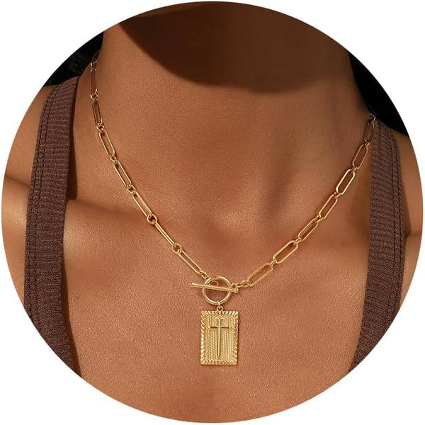 Robaice Gold and Silver Plated Cross Pendant Necklace for Women, Toggle Clasp Rectangle Cross Charm Necklace, Dainty Paperclip Chain Religious Jewelry Gift for Christian Faith, Baptism, First Communion