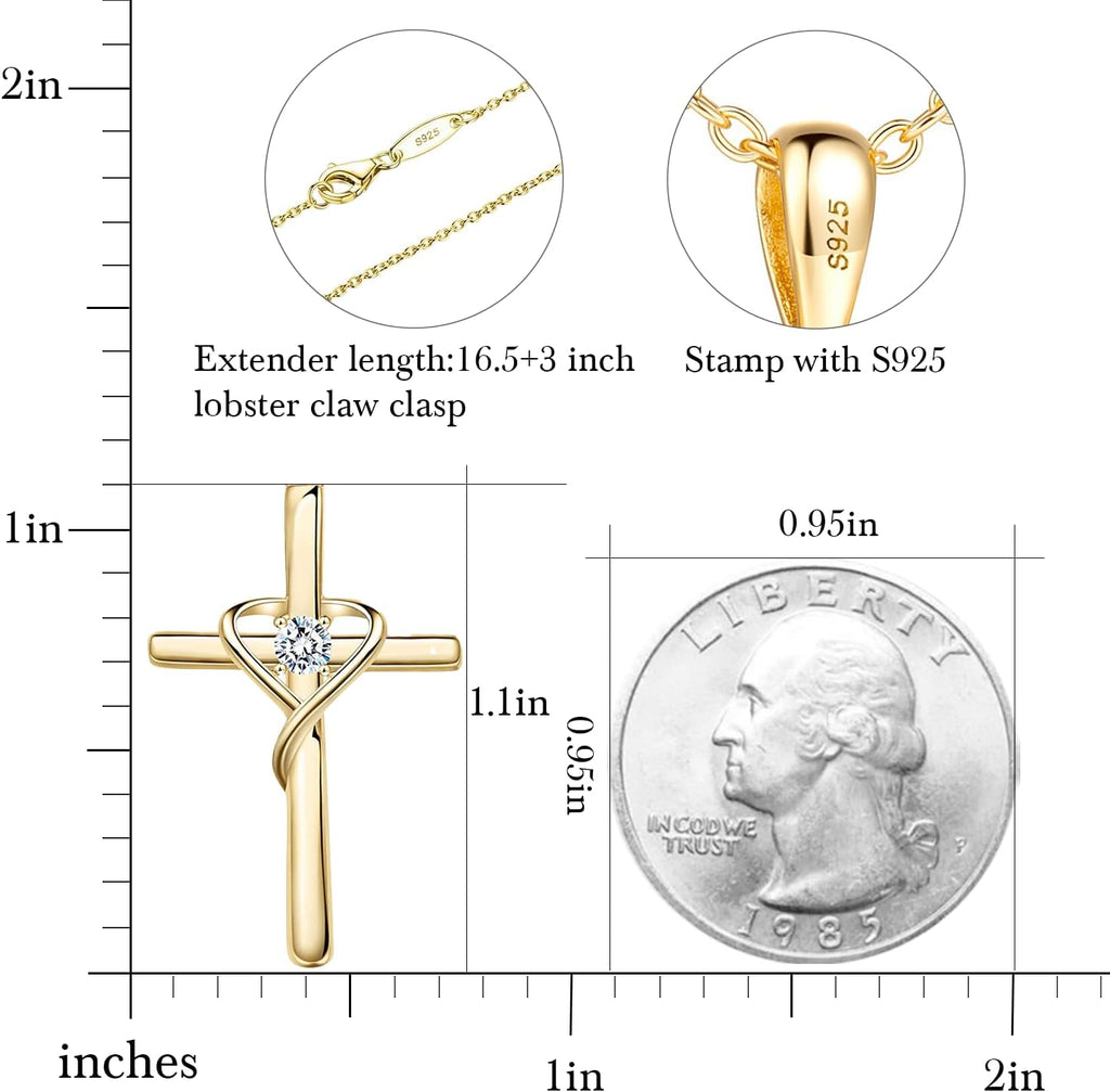 AmorAime 925 Sterling Silver Cross Necklace for Women Men 14K Gold Plated Birthstone Necklaces 5A CZ Rose Gold Necklace for Easter or Christmas