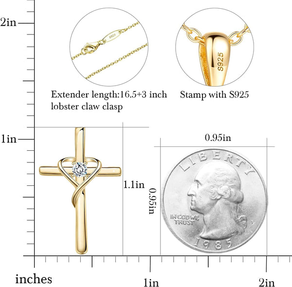 AmorAime 925 Sterling Silver Cross Necklace for Women Men 14K Gold Plated Birthstone Necklaces 5A CZ Rose Gold Necklace for Easter or Christmas