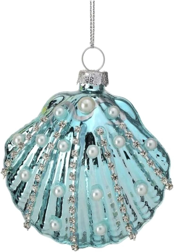 The Bridge Collection 3" Glass Blue Seashell Ornament with Faux Pearl and Glitter Accents - Clam Shell Ornament - Coastal Christmas Tree Accent