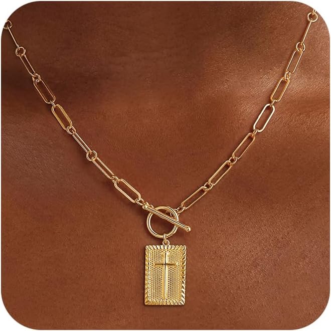 Moodear Cross Necklace for Women Trendy Chunky 14K Gold Plated\/Silver Plated Cross Pendant Necklace Toggle Clasp Paperclip Chain Dainty Charm Necklace for Women Fashion Religious Simple Jewelry Gift