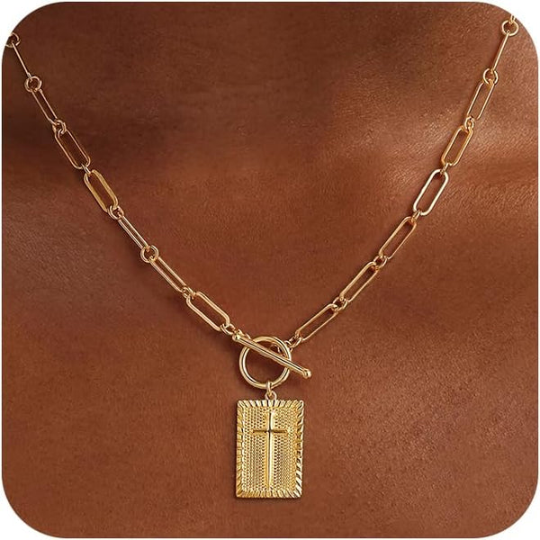 Moodear Cross Necklace for Women Trendy Chunky 14K Gold Plated\/Silver Plated Cross Pendant Necklace Toggle Clasp Paperclip Chain Dainty Charm Necklace for Women Fashion Religious Simple Jewelry Gift