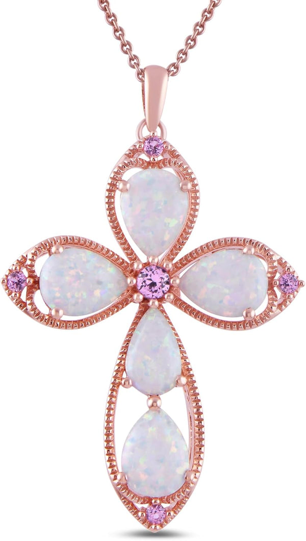 Amazon Essentials Womens Rose 14K Gold over Sterling Silver Created Opal with Created Pink Sapphire Cross Pendant Necklace, 18