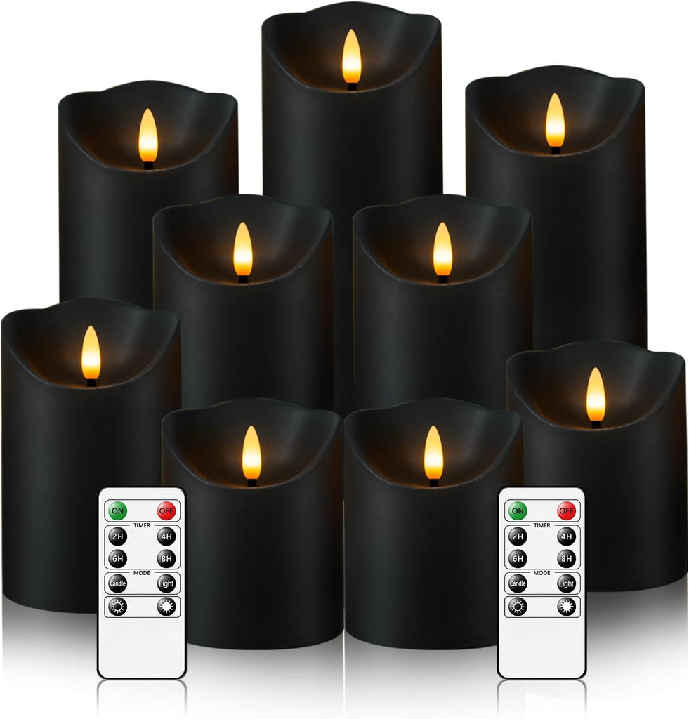 Nimiko Flameless Candles with Remote, Battery Operated Flickering Flameless Candles, LED Candles with Timer 2\/4\/6\/8H, with Realistic LED Candles Set of 9 (D3 x H 3" 4" 5" 6" 7") (Black)