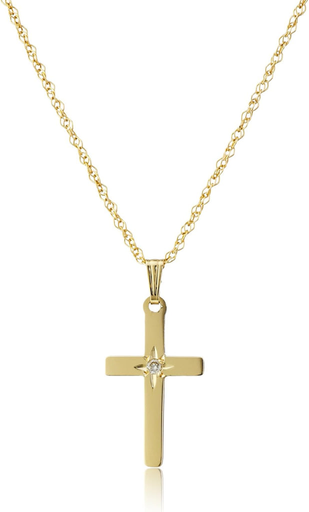 Amazon Essentials Women's 14k Yellow Gold Solid 0.02 cttw Diamond-Accented Cross Pendant Necklace, 18" (Previously Amazon Collection)