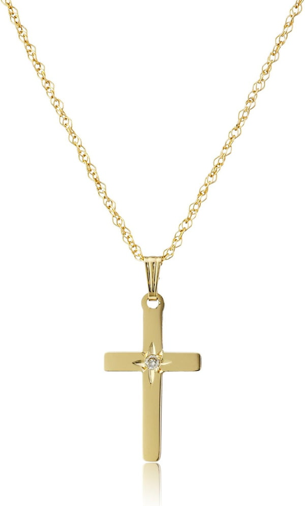 Amazon Essentials Women's 14k Yellow Gold Solid 0.02 cttw Diamond-Accented Cross Pendant Necklace, 18