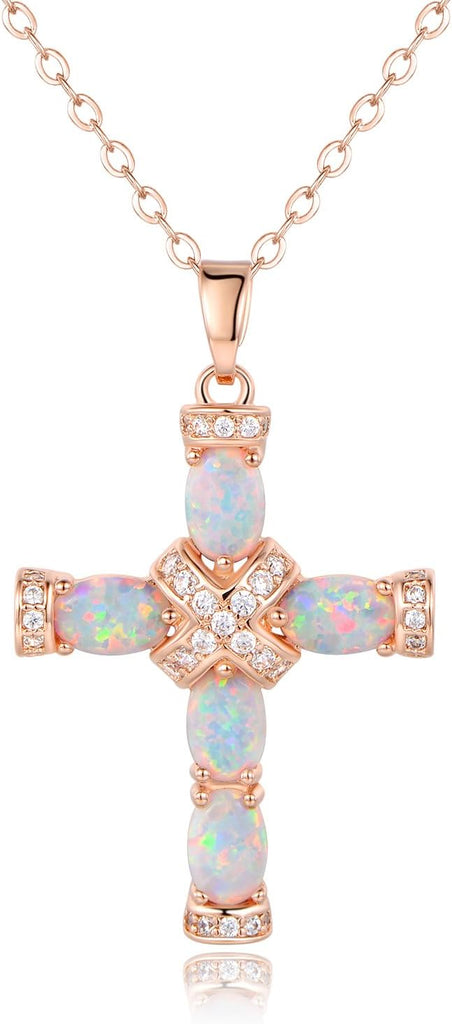 Barzel 18K Gold Plated Created Opal Cross with Chain, 18 Inches with 2 Inches Extension