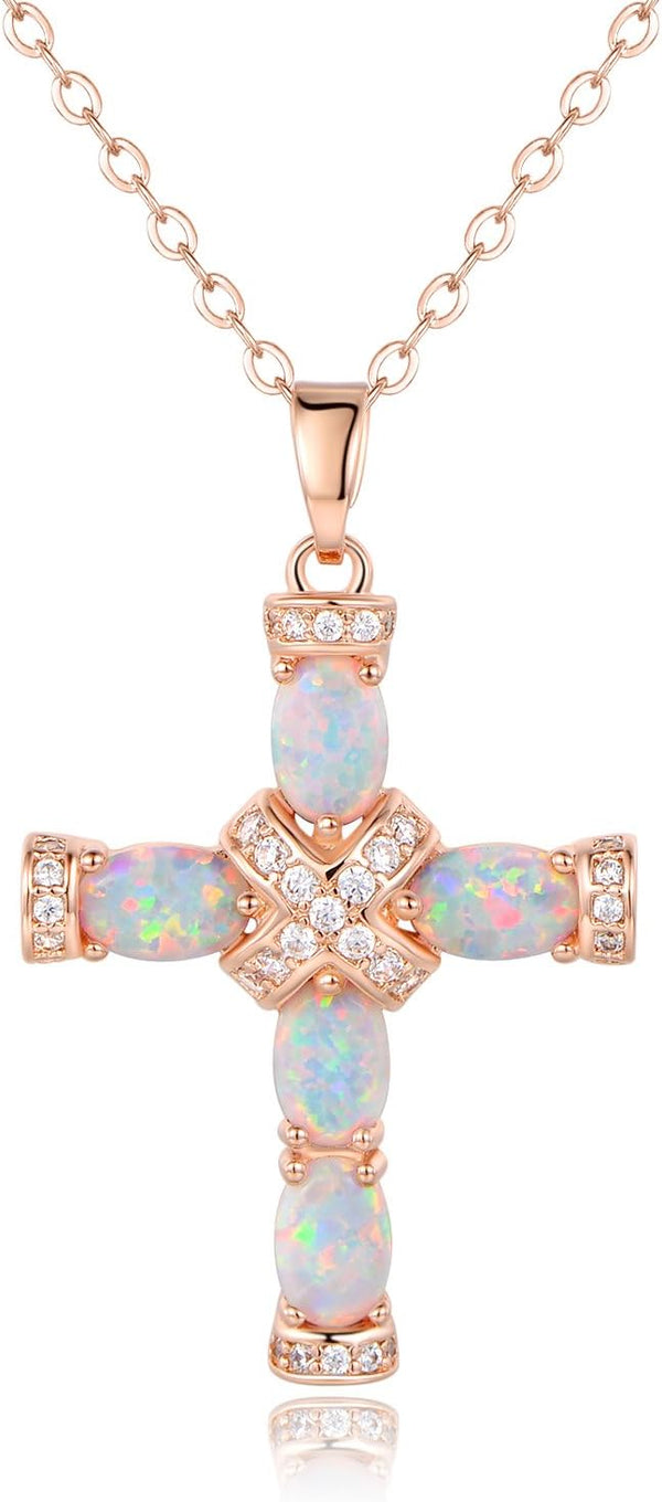 Barzel 18K Gold Plated Created Opal Cross with Chain, 18 Inches with 2 Inches Extension
