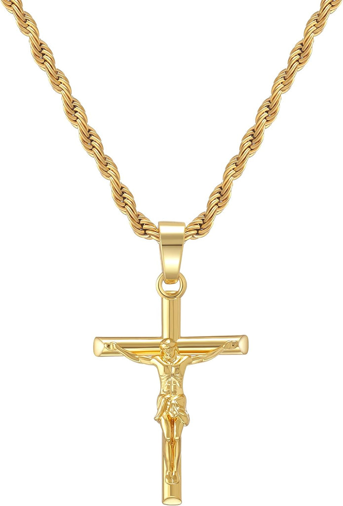 HELLOICE Crucifix Cross Necklace 18K Gold Plated Cross Pendant with 3mm 22" Rope Chain for Men Women