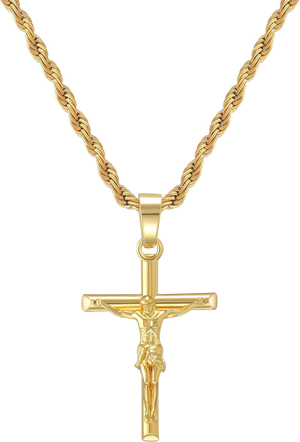 HELLOICE Crucifix Cross Necklace 18K Gold Plated Cross Pendant with 3mm 22