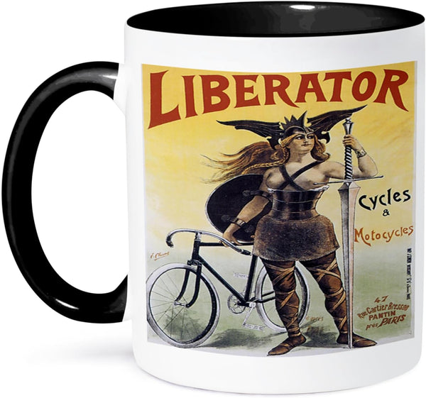 3dRose Vintage Liberator Cycles and Motorcycles Paris France Advertising Poster Mug, 11 oz, Black