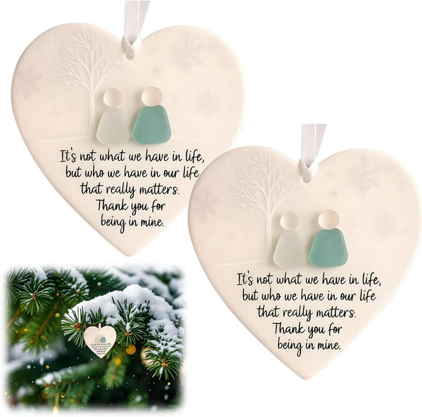 2PCS Heart-Shaped Sea Glass Friendship Decor, Sea Glass Art for Best Friends, Christmas Tree Hanging Ornaments, Timeless Friendship Heart Keepsake,Handmade Glass Wall Art Decor