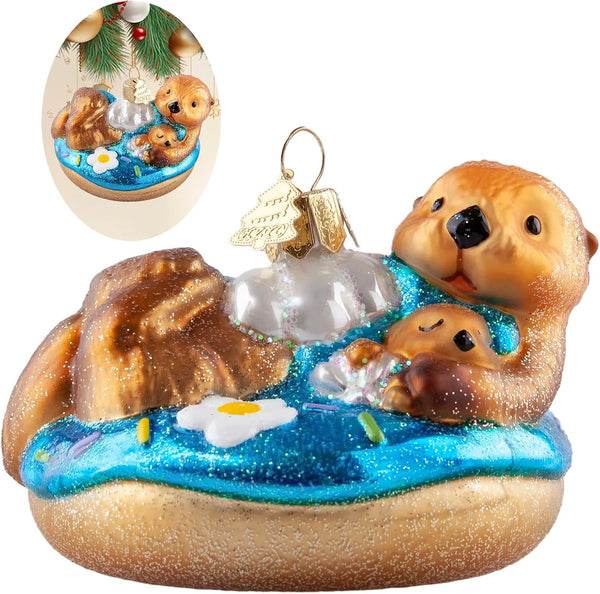 Christmas Tree Ornaments,Handmade Blown Glass Ornaments,Sea Otter Collection Hanging Ornaments,Donut Pendant Ornament,Glass Christmas Decorations for Animal Lovers Holiday Party Home Gifts