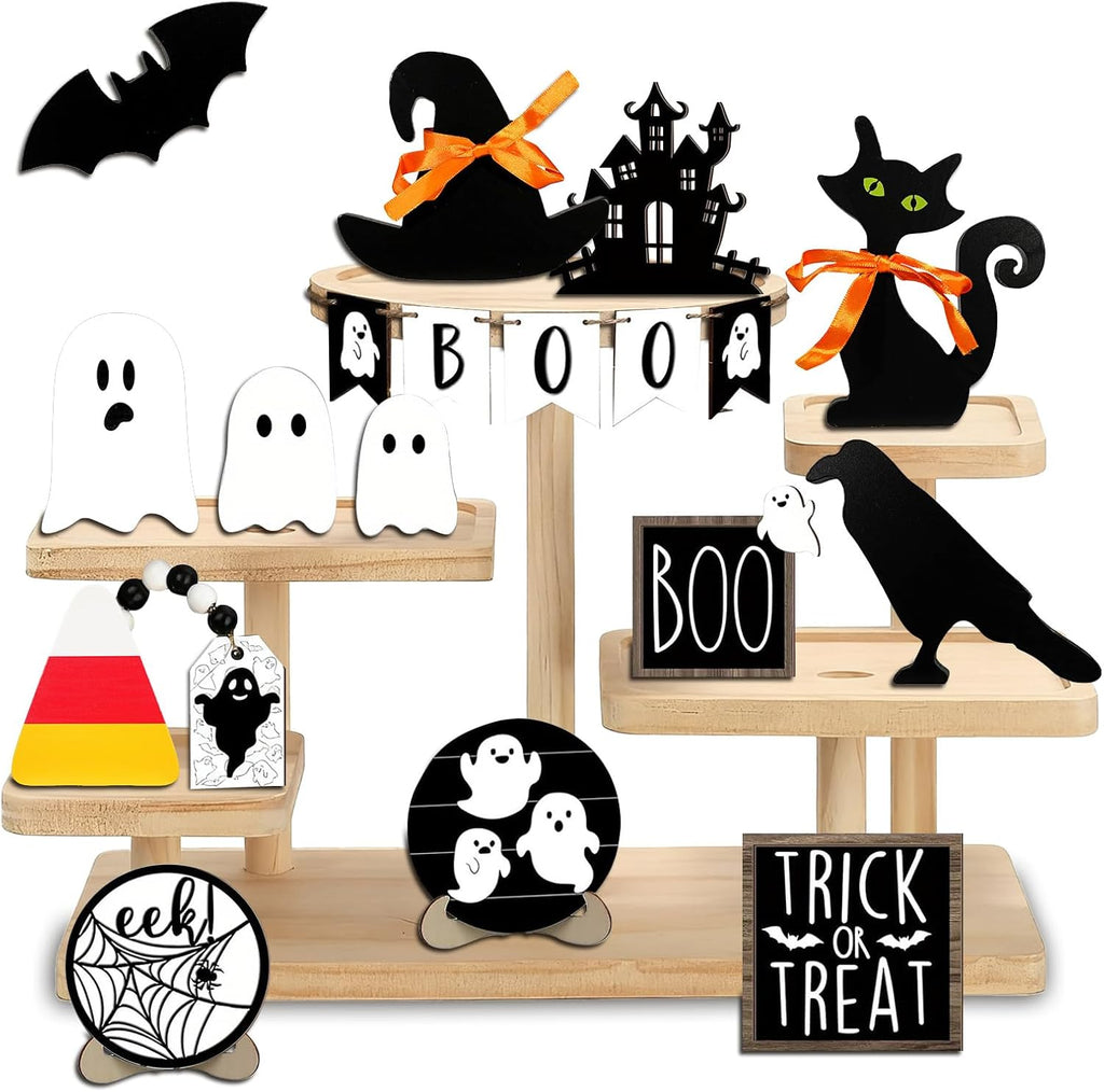 Simplepolymer 19 Pcs Halloween Tiered Tray Decorations Set Halloween Table Centerpieces Ghost Castle,Black Cats,Crows,Bats,Ghosts Wooden Signs for Table Decor Sign