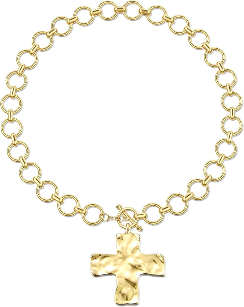 TEN MIRO 18k Chunky Gold Necklace for Women Sweatproof, Non Tarnish Chunky Cross Necklaces Thick Gold Layering Hammered Bold Necklace Stacks Toggle Necklaces for Women