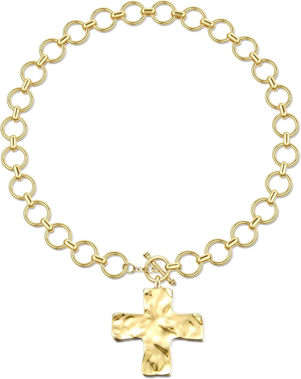 TEN MIRO 18k Chunky Gold Necklace for Women Sweatproof, Non Tarnish Chunky Cross Necklaces Thick Gold Layering Hammered Bold Necklace Stacks Toggle Necklaces for Women