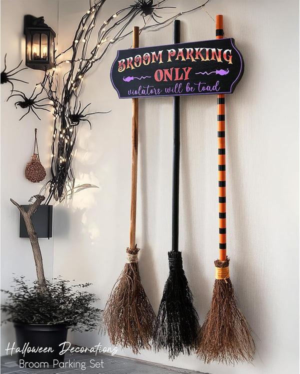 Halloween Decorations - Halloween Decor - Broom Parking Sign with 3 Wooden Witches Brooms - Cute Hocus Pocus Front Porch Wall Decor for Indoor Outdoor Home Office Party Decoration