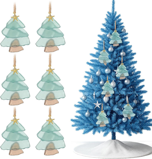 Yookeer 6 Pcs Sea Glass Christmas Tree Ornaments Handmade Christmas Sea Glass Xmas Tree Ornament Pendant Blue Beach Seaglass Hanging Ornament Crystal Xmas Decoration for Centerpiece Home Decor