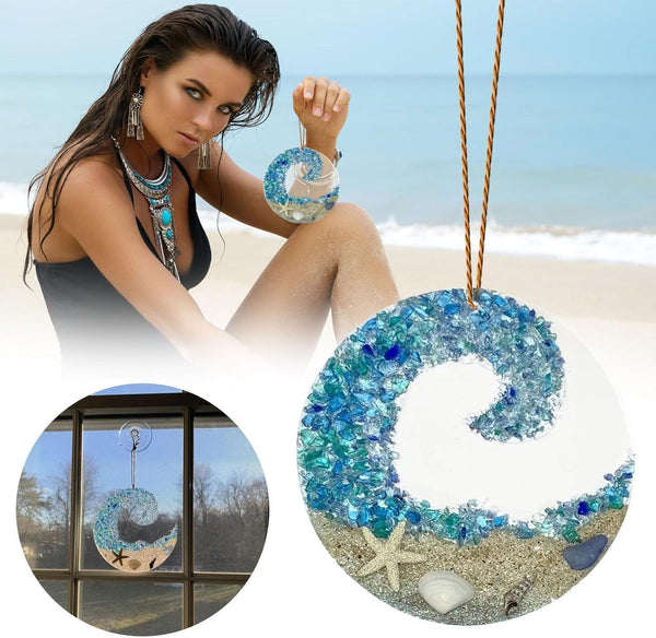Sea Glass Suncatcher - Ocean Crashing Wave Beach Ornament,Valentine Day Couple Transparent Acrylic Memorial Crafts Pendant,Bedroom and Office Wall Decor Decorative Hanging Ornaments Home Accents