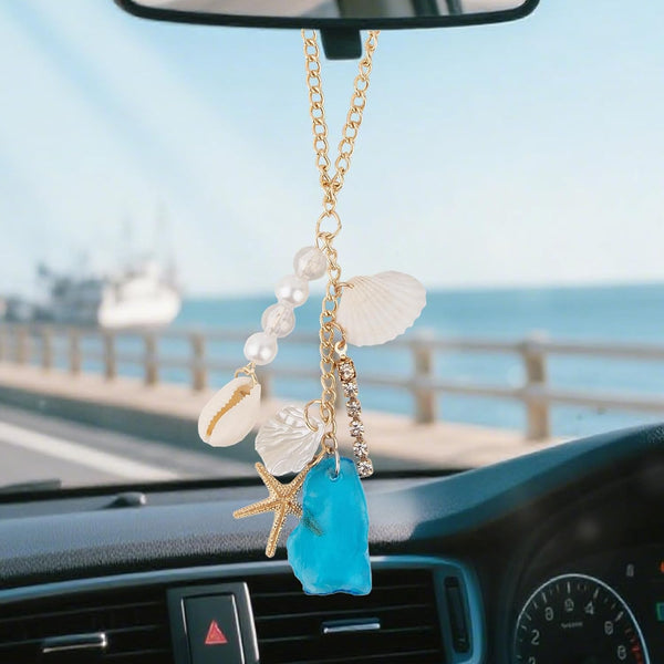 Seashells Sea Glass Coastal Car Decor, Boho Decor Rear View Car Mirror Hanging Accessories, Purse Charms for Women and Men, Beach Charms, Keychain Accessories, Handmade Cute Steering Wheel Charm Stuff
