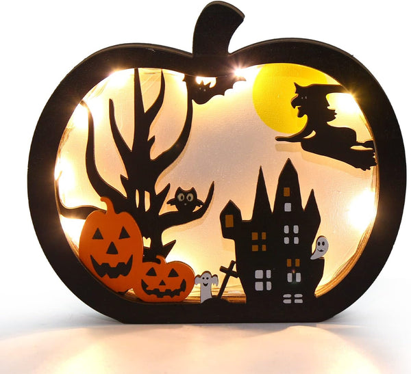 FOIMAS Halloween Wooden Table Sign,Light Up Pumpkin Table Centerpiece Topper for Halloween Table Top Party Decoration Supply（UPGRATED)