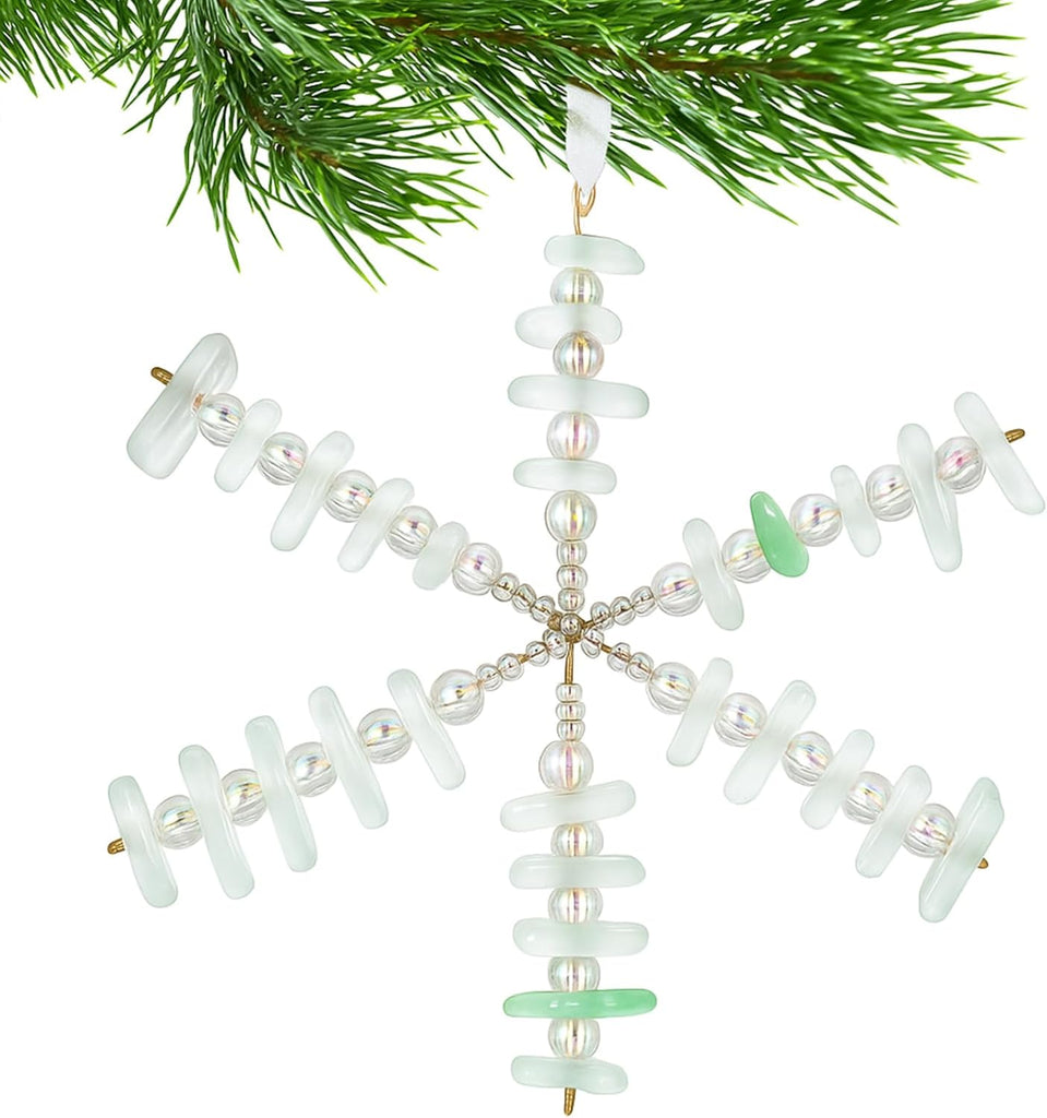 Sosation Christmas Coastal Sea Glass Snowflake Ornaments 4 Inch White Snowflake Hanging Decorations with Rope Winter Irregular Glass Pendants for Xmas Wreath Window Christmas Tree Party Decor Home