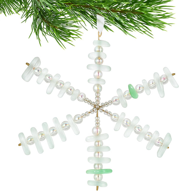 Sosation Christmas Coastal Sea Glass Snowflake Ornaments 4 Inch White Snowflake Hanging Decorations with Rope Winter Irregular Glass Pendants for Xmas Wreath Window Christmas Tree Party Decor Home