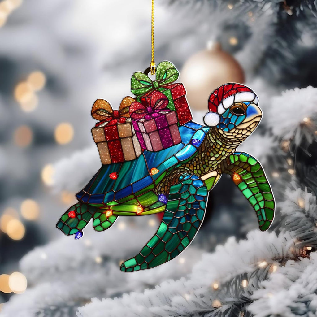 Christmas Turtle Ornament \u2013 Sea Turtle Acrylic Hanging Decor with Gifts and Santa Hat \u2013 Tree Decoration for Ocean Lovers, Coastal Holiday Decor, Marine Animal Gift (Sun-36)