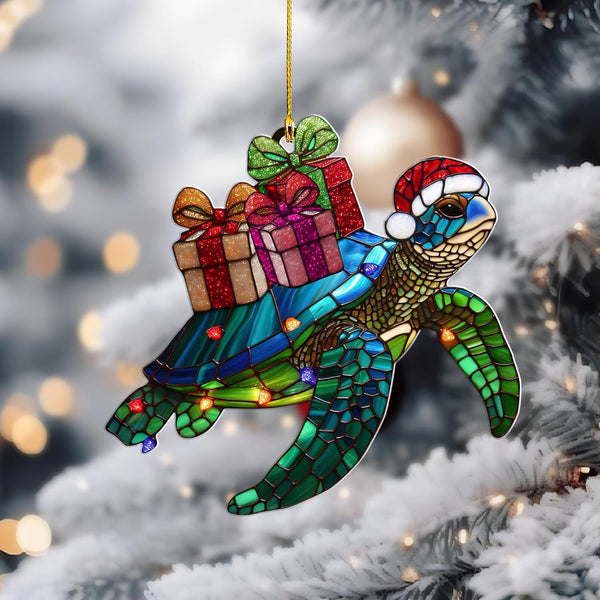 Christmas Turtle Ornament \u2013 Sea Turtle Acrylic Hanging Decor with Gifts and Santa Hat \u2013 Tree Decoration for Ocean Lovers, Coastal Holiday Decor, Marine Animal Gift (Sun-36)