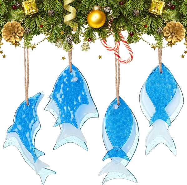 Bucherry 4 Pcs 4 Inch Christmas Coastal Tree Decor Sea Glass Hanging Fish Ornaments Glass Tropical Fish Ornament Art Marine Life Hanging Ornaments for Xmas Tree Beach Home Decoration(Classic Style)