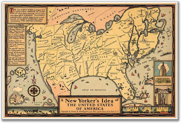 Antiguos Maps New Yorker's idea of the United States of America circa 1939 | Art Print Poster Vintage Wall Decor | 24 x 36 inches (610 x 915 mm)