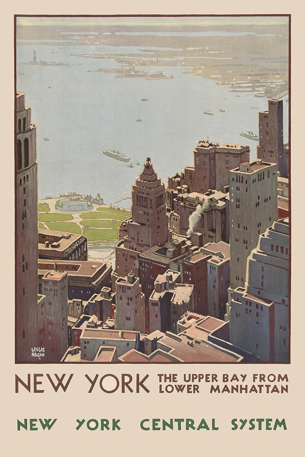 VMXWLL 1920s Retro New York - The Upper Bay from Lower Manhattan - New York Central System Vintage Canvas Poster - Vintage Wall Art for Living Room, Bedroom & Office Decor - 12x18 inch Unframed