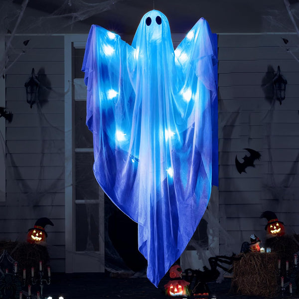 JOYIN Halloween Hanging Light up Ghost with Spooky Blue LED Light, 47\u201D White Ghosts Halloween Hanging Decoration for Front Yard Patio Lawn Garden Party Decor Indoor Outdoor