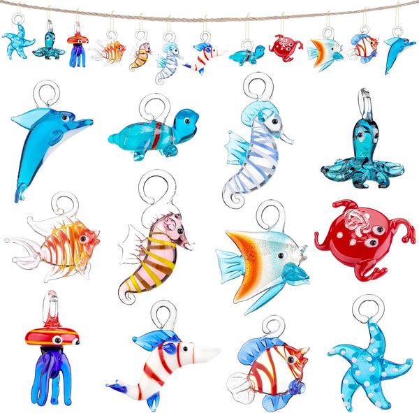 Rtteri 12 Pcs Christmas Glass Sea Life Ornaments Sea Animal Seahorse Decor with 1.3 Inch Rope Christmas Tree Hanging Ornaments for Beach Theme Wedding Home DIY Ocean Craft Project