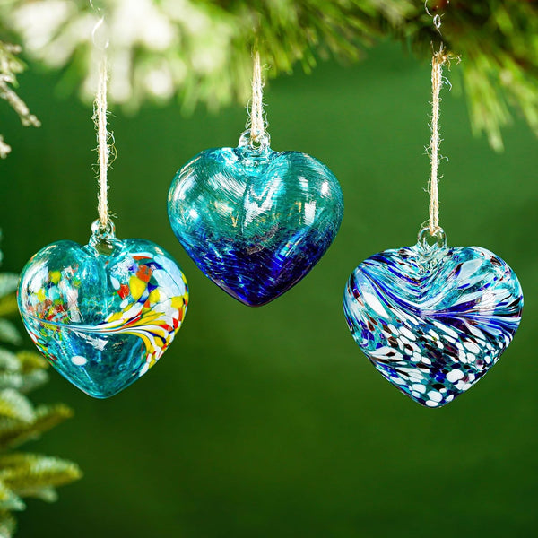 Set of 3 Handmade Glass Heart Ornaments 3.9 Inch Blue Friendship Heart Decor for Garden Home Centerpiece