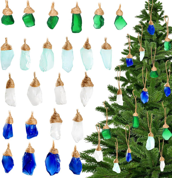 24Pcs Handmade Christmas Sea Glass Block Ornament Pendant, Sea Glass Crafts Coastal Decorative, Beach Seaglass Hanging Ornament Sets for Christmas Tree, Centerpiece, Home Decor Beach Weddings and More