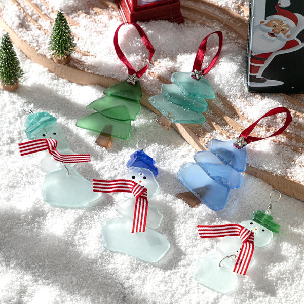 6 Pcs Christmas Tree Ornaments Sea Glass Christmas Tree and Sea Glass Snowman Crystal Xmas Craft Hanging Decoration Ocean Beach Ideal Gifts Ornament Set for Xmas Party New Year Home Decor